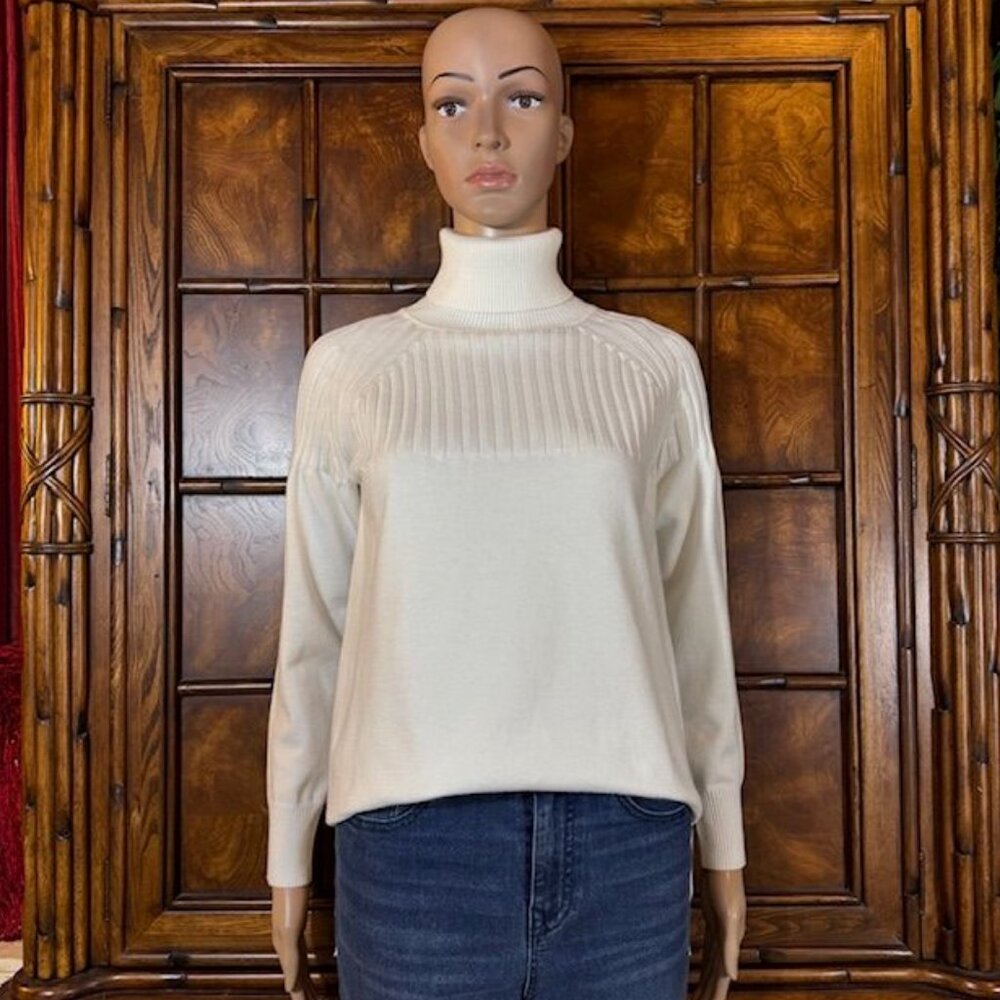 Ivory Top Ribbed Side Slit Turtleneck Sweater